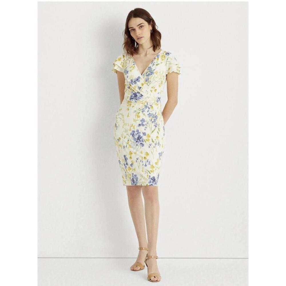 Lauren Ralph Lauren dress 12 cream floral modest work office wedding stretch
